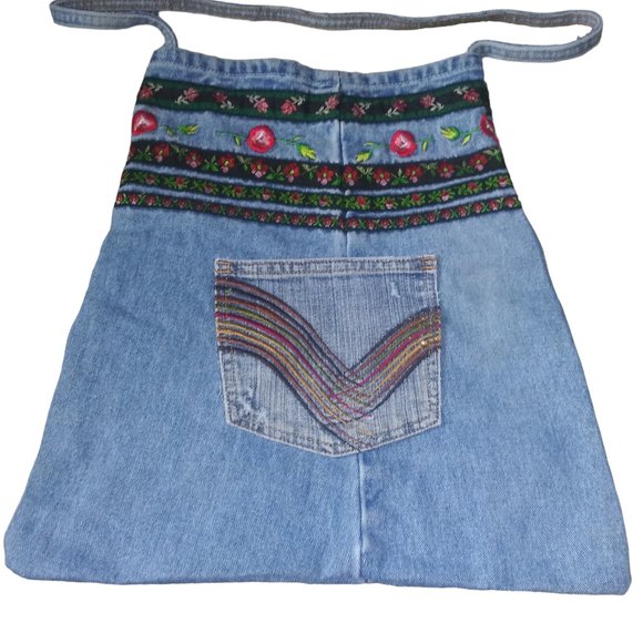 VTG Denim Blue Jean Crossbody Red Floral Pocket Rainbow Striped Tote Handbag HTF - Picture 2 of 5